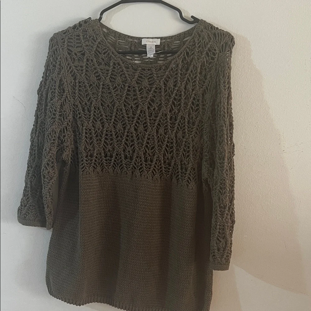 Chico's Olive Green Crochet Yoke Scoop Neck Sweater